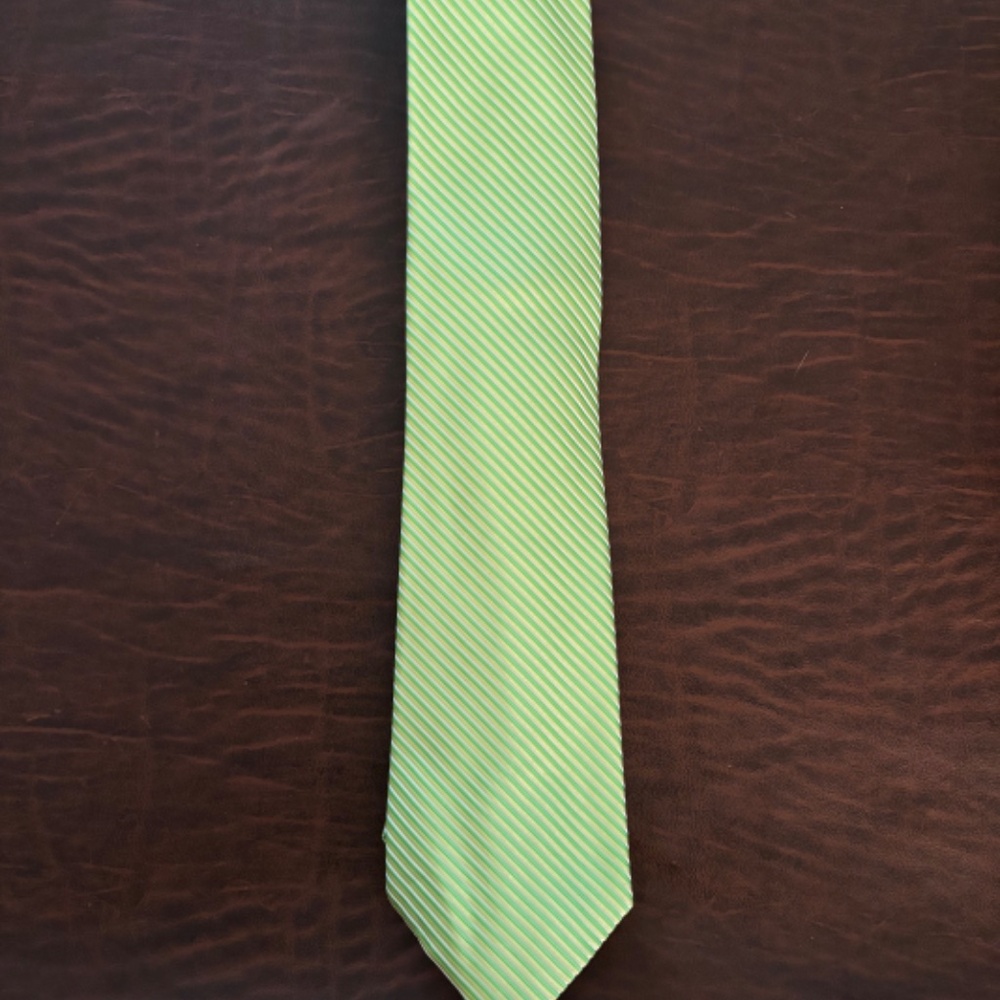 Mens silk tie, lime green pinstripe